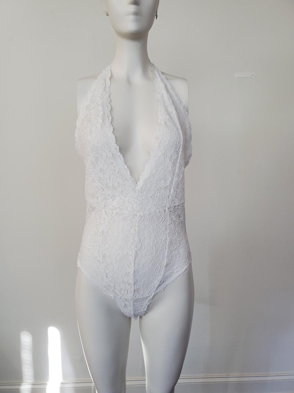Deep V White Lace Halter One-Piece Bodysuit